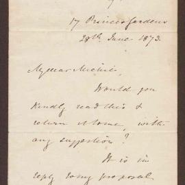 Letter from Hugh C.E. Childers, 17 Princes Gardens, London