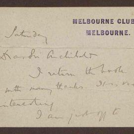 Note from Alfred Momerie, Melbourne