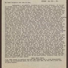 From Mary Duggan, grandmother of Daniel Joseph Duggan, written from Bruree, near Limerick to her daughter Catherine (Michael Duggan's sister).
