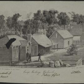 Letter on back of picture of camp buildings, Beechworth, showing Superintendent of Police’s house, police office, stable, gold receiver’s quarters.