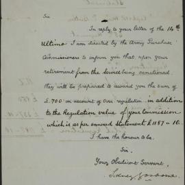 Letter from Sidney Gosborne, Army Purchase Commissions, London, to Captain Villars Butler.