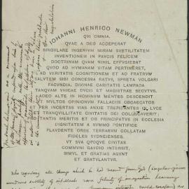 Copy and translation of Latin inscription on gold salver presented to Cardinal Newman.