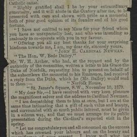 Newspaper extract, headed Cardinal Newman Fund