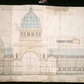 The Melbourne International Exhibition - Section CD/ Section thro windows of dome/ Part elevation and section on line CD