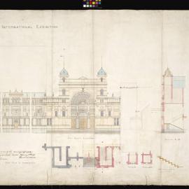 The Melbourne International Exhibition - Part north elevation/ Part plan of foundation/ Part first floor plan/ Section AB/ Section CD/ Plan at EF/ Plan at GH/ Detail of stairs
