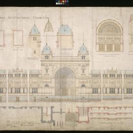 The Melbourne International Exhibition - Part south elevation/ Part foundation plan/ Part ground plan/ Plan showing top windows/ Plan at AB/ Plan at CD/ Back elevation of flanking tower/ Cross-section of tower roof/ Inner side elevation of flanking tower/