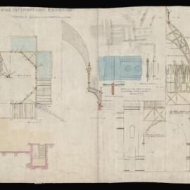 The Melbourne International Exhibition - Details shewing construction of dome/ 1/4 plan at AB/ 1/4 plan at CD/ 1/4 plan at EF/ 1/4 plan at GH/ Section LM/ Details of GAL iron ridging and bands on roof of dome/ Elevation of timbers at (on the opposite side