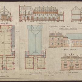 Independent Church Hall Collins Street Melbourne - Ground plan/ First floor plan/ Front elevation/ South elevation/ Section AB/ Section CD/ Section EF [547]