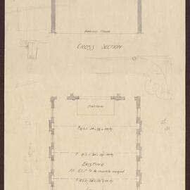 Independent Church Hall Collins St - Proposed additional storey/ Alternative scheme for 1st floor in reinforced concrete/ Cross section/ Ground floor plan [1357]