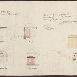 Independent Church Collins St - Extension of kitchen & new dado to entrance & corridor/ Side elevation/ Section/ Ground plan/ End elevation/ Elevation & section of dado to entrance to mall [540]