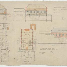 Independent Church Hall Collins St Melbourne - Proposed additions/ Longitudinal section/ Cross section/ Ground floor plan/ First floor plan/ South elevation [545]