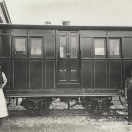 An enclosed railway carriage at Mount Lyell Mine site in Tasmania. The mine was operated by Mount Lyell Mining and Railway Co. Ltd.