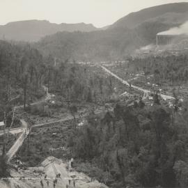 Smelters at Mount Lyell, Tasmania, viewed from the nearby quartz quarry.  Part of the operations of Mount Lyell Mining and Railway Co. Ltd.