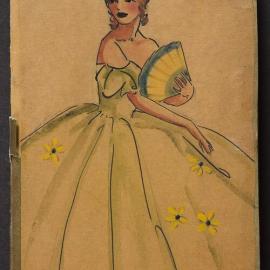 Bridge scorecard holder illustrated with lady in green gown, holding fan