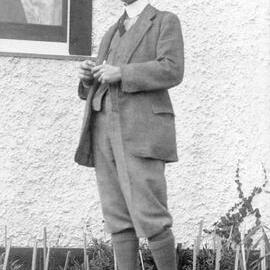 Outdoor portrait of Norman Macgeorge  at  'Fairyhills' ('Ballangeich'), 25 Riverside Road, Ivanhoe