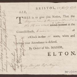 Printed Form Requesting all 'Waywardens' of every parish of Bristol attend a meeting at the Council-House by order of the Mayor, and a letter detailing the plight of the poor and fixing of bread, wheat and meat prices, by order of the Mayor