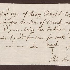 Letter received by Mrs. [Elizabeth] Lowbridge on behalf of Henry Bright the sum of £21