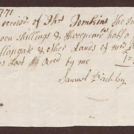 Receipt for half years land tax from Thomas Tomkins on behalf of Mrs. Bright, Flapgate, due 'Michalmas last' received by Samuel Birchley