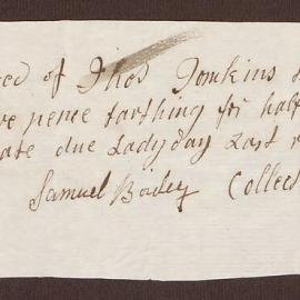 Receipt for half years land tax from Thomas Tomkins on behalf of Mrs. Bright, Flapgate, due 'Ladyday' received by Samuel Birchley