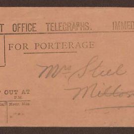 Telegram from Mrs Hughes to Miss Steel