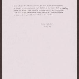 Receipt for payment of one fourtennth share in the Broken Hill Mining Coy.