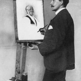 Walter Bennett standing at the easel