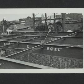 Roof frame of Chemistry building during construction, University of Melbourne, circa 1938-1940.
