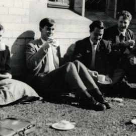 Morning tea outside the Union House, University of Melbourne, 3rd term 1954.