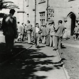Students outside Old Arts building, University of Melbourne, 3rd term 1954.