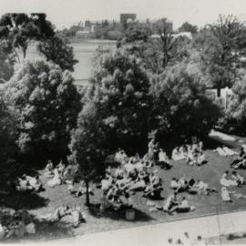Looking down from the Union roof at lunchtime, University of Melbourne, 3rd term 1951