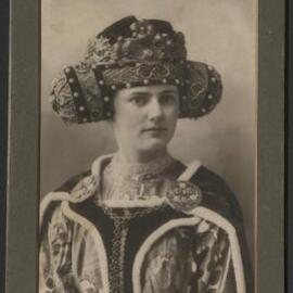 Photograph of model wearing a reproduction costume made by Emily Jessie Ashdown