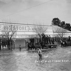 Horse drawn drays loaded with people moving through floodwaters in central Benalla, on 10th September 1921.