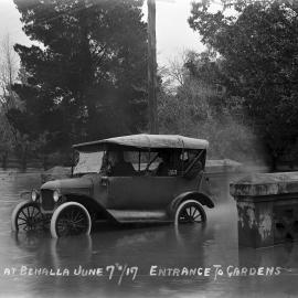 A car in flood waters in the Benalla Botanic Gardens, 7th June 1917.