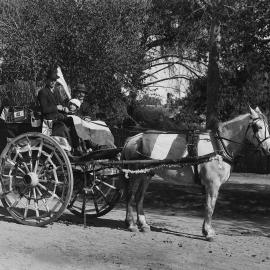 A decorated horse and jinker carrying two men and a young girl.