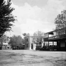 A streetscape in Benalla including the Fire Station, the Bank of Australasia and the Benalla Hotel.