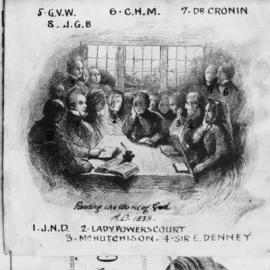 An etching of unknown origin illustrating people reading the Bible in 1838.
