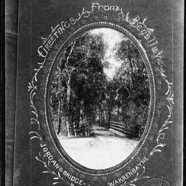 Greeting card showing trees and a small bridge near Benalla.