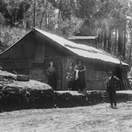 A family group outside a corrugated iron building in bushland.