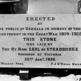 The foundation stone of the Soldiers’ Memorial Hall and Public Library building, Benalla.