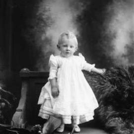 Studio portrait of a young child standing on a bench.