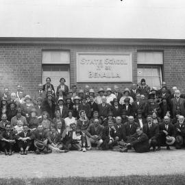 A posed group of people in front of State School No 31, Benalla.