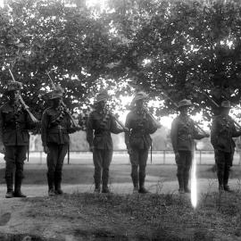 An unidentified group of soldiers with rifles, standing to attention in a park environment.