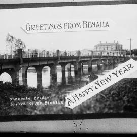 A greeting card featuring a view of the concrete bridge and Broken River at Benalla.
