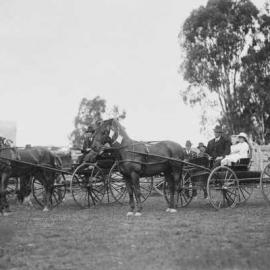 Wagonettes with passengers and  horses in a rural environment.