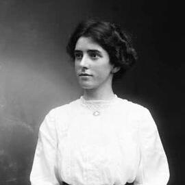 Studio half-length portrait of a woman. Name possibly E. Drummond.