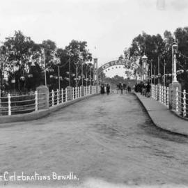 Peace celebrations at the road bridge over the Broken River in Benalla.