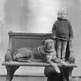 Studio portrait of a boy and a large dog.  Family name Jewell.