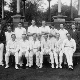 A cricket team in front of the rotunda in the Benalla Botanical Gardens.