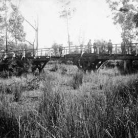 Men on a bridge in bushland.