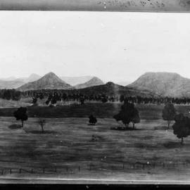 Photograph of artwork depicting a rural landscape with distant hills.